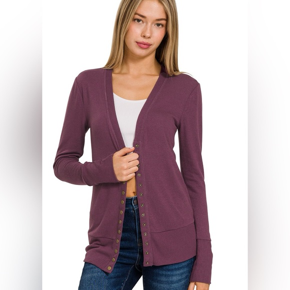 Zenana Snap Button Down Sweater Cardigan, Purple, S-M-L-XL - Picture 2 of 3